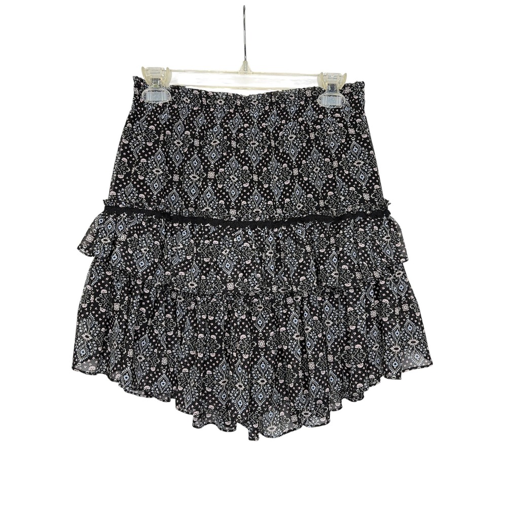 MISA Los Angeles Women Black Floral Medallion‎ Tiered Ruffle Mini Skirt Size M